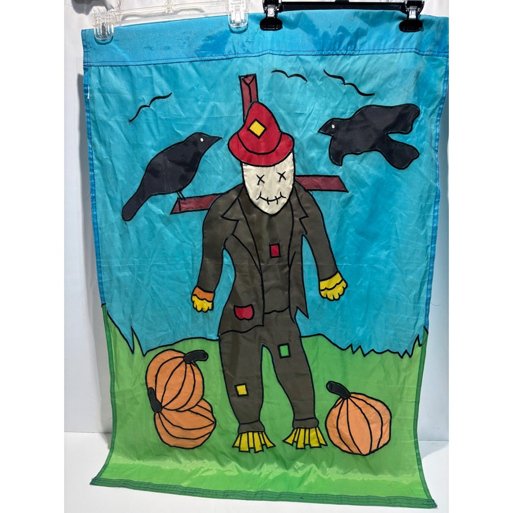 Vintage Scarecrow Garden Flag OS Blue Fall Applique Pumpkin Crows Banner